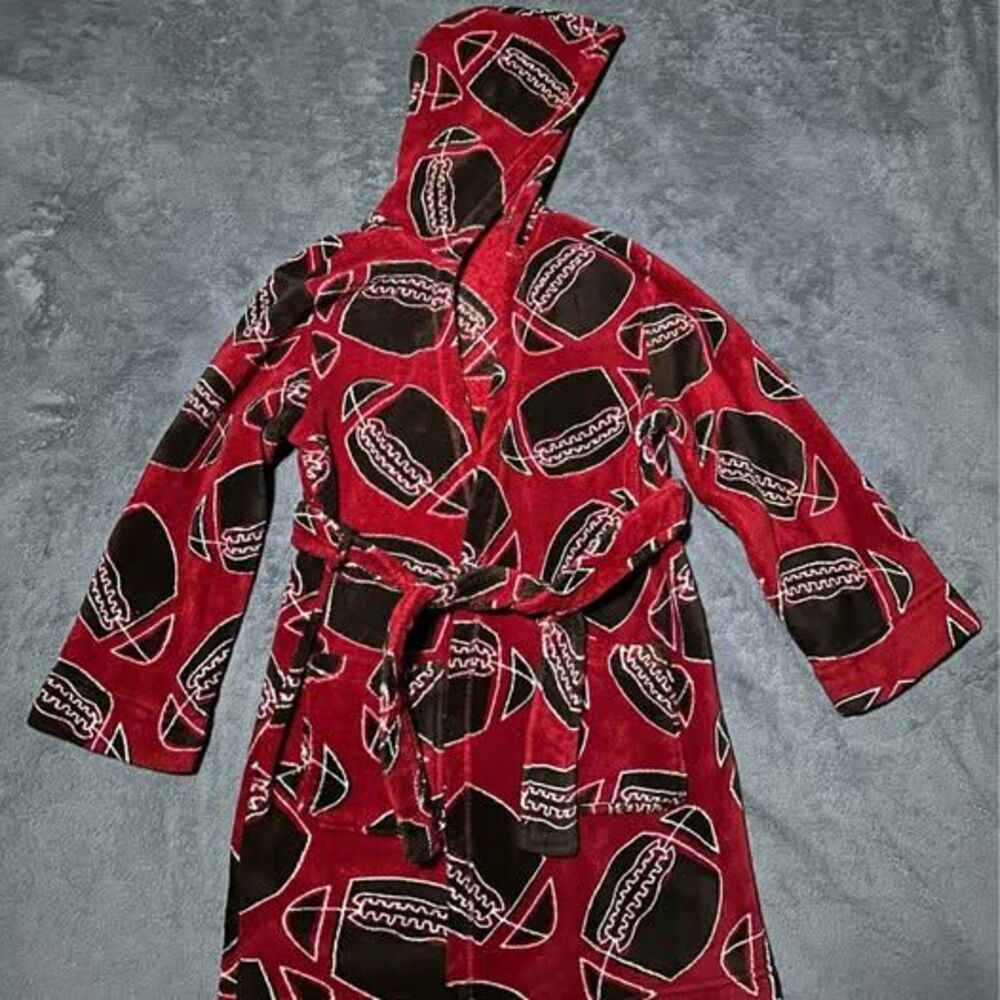 Boys Cozy Plush Red Football Graphic Robe